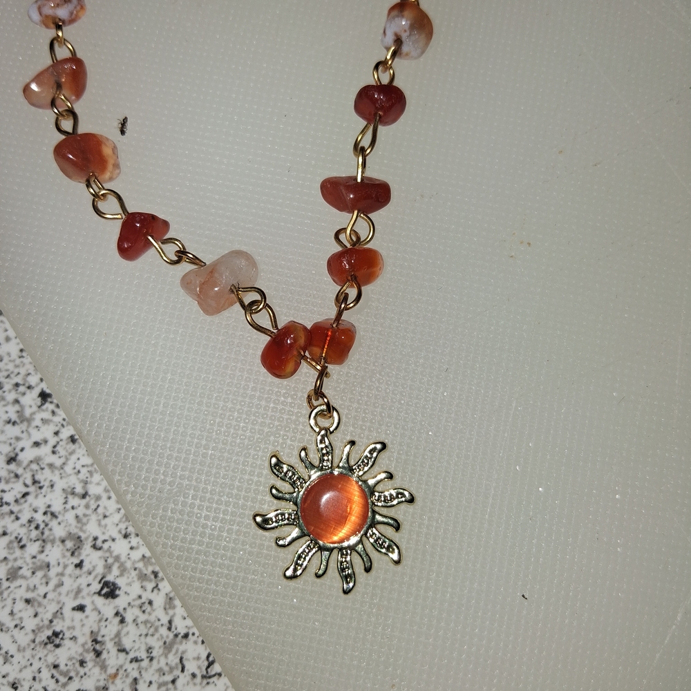 Sun Pendant Necklace with Cornelian Chips 10kt Gold Over 925 Silver